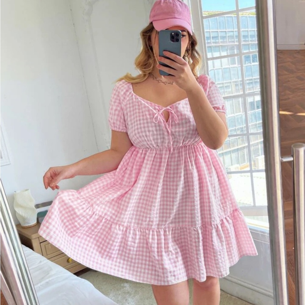 Qutie Plus Size PINK Gingham Print Tie Front Ruffle Hem Dress BARBIE